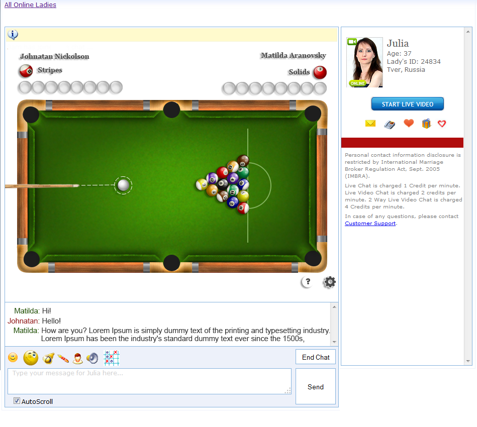 Billiards game for a dating site